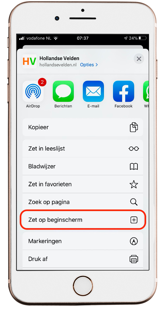 Klik op zet op beginscherm