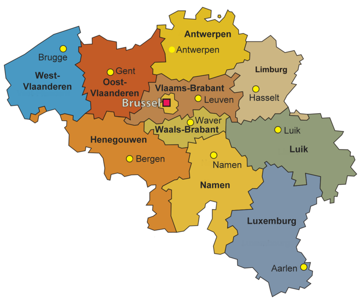 Kaart van België met de 10 provincies