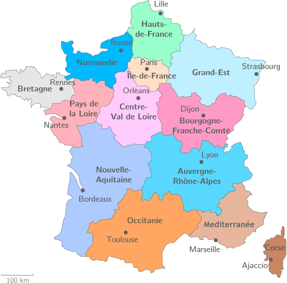 Map of France with the 13 regions