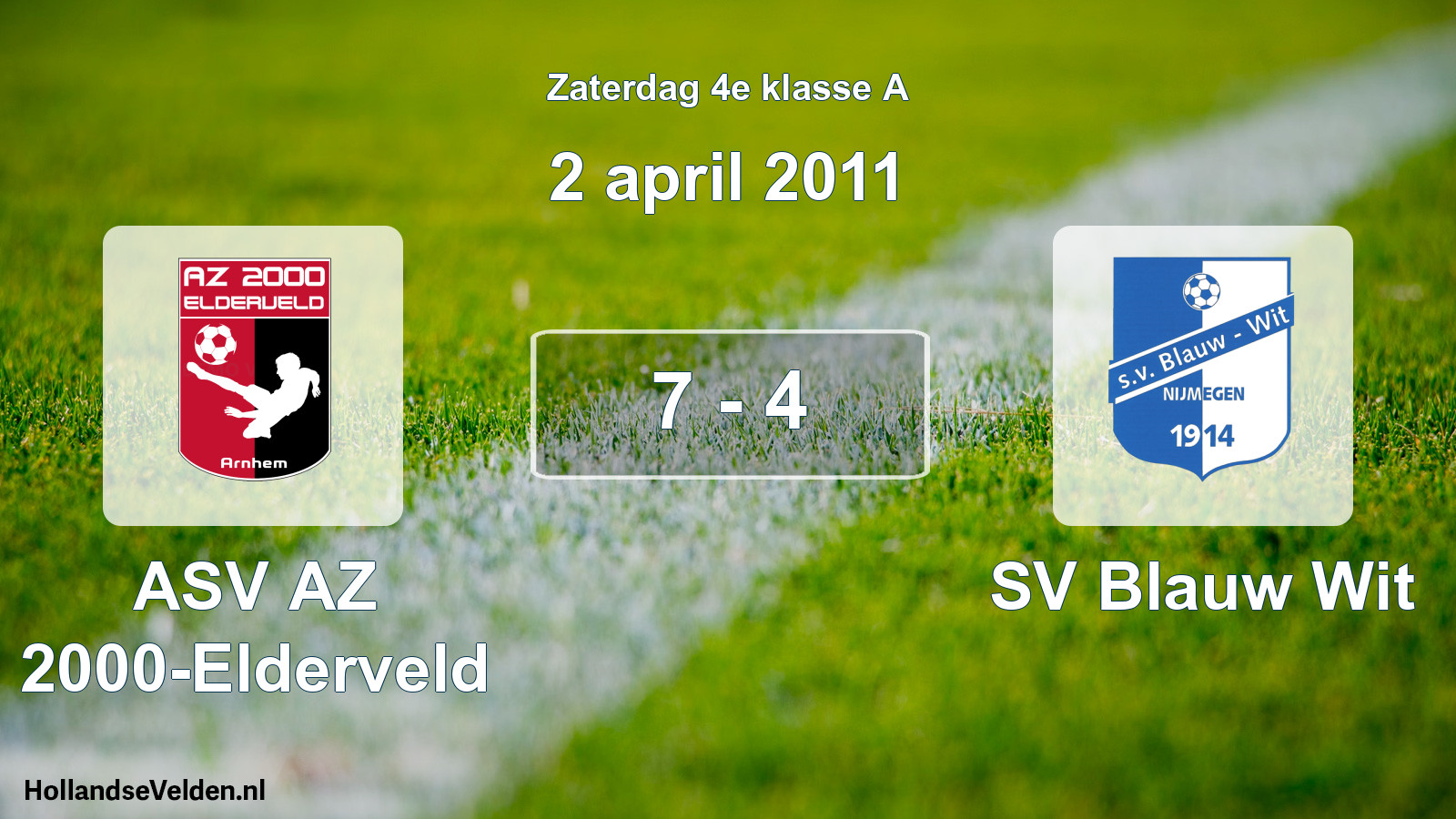 Total number of matches played: ASV AZ 2000-Elderveld - SV Blauw Wit 7 - 4 (2 April 2011)