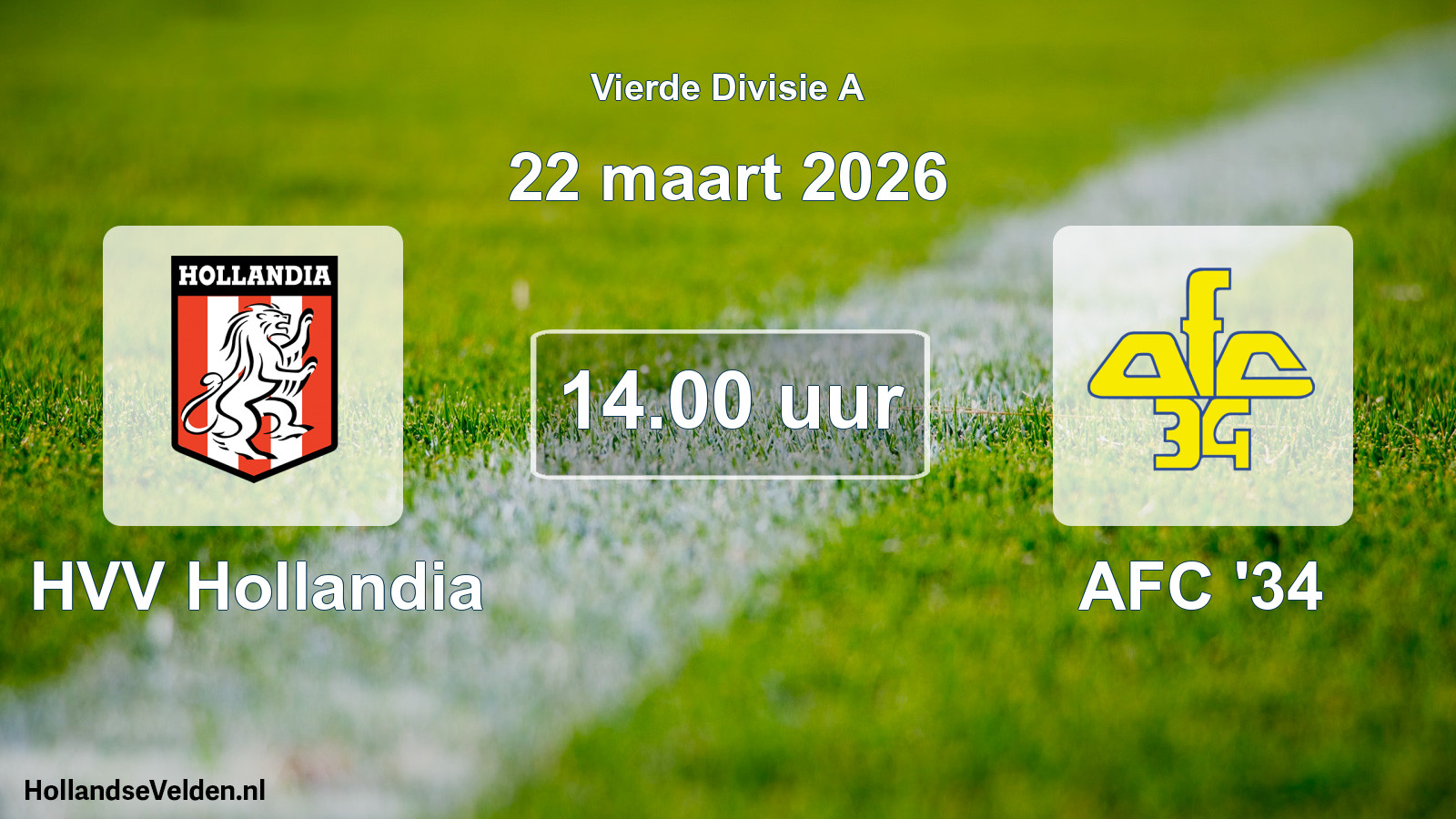 Geplande wedstrijd: HVV Hollandia - AFC '34 (22 maart 2026)