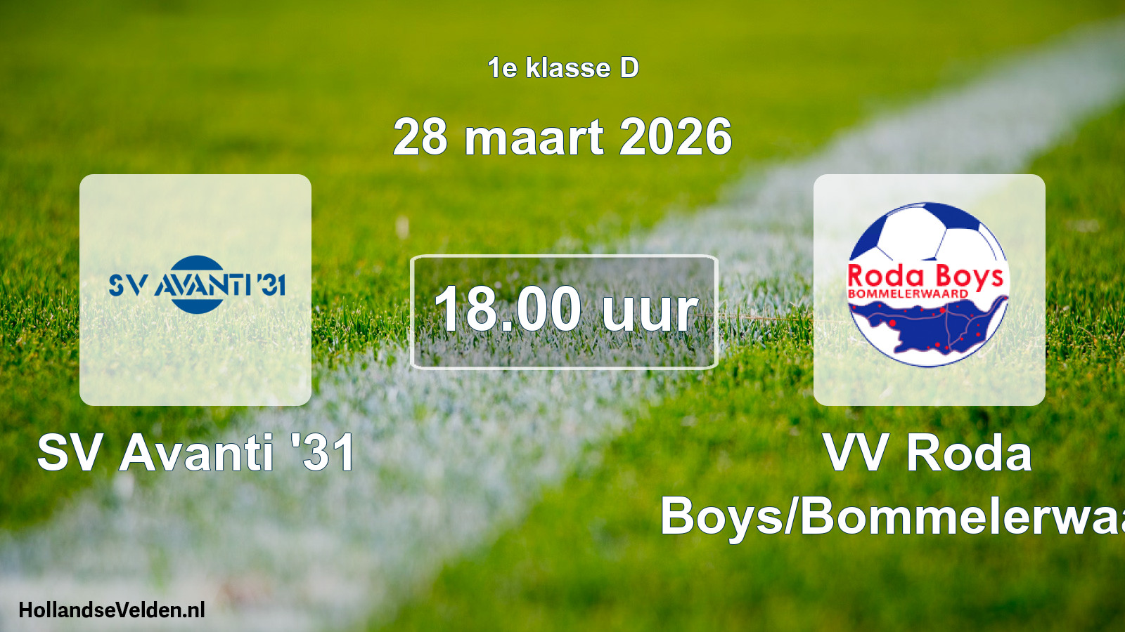 Geplande wedstrijd: SV Avanti '31 - VV Roda Boys/Bommelerwaard (28 maart 2026)