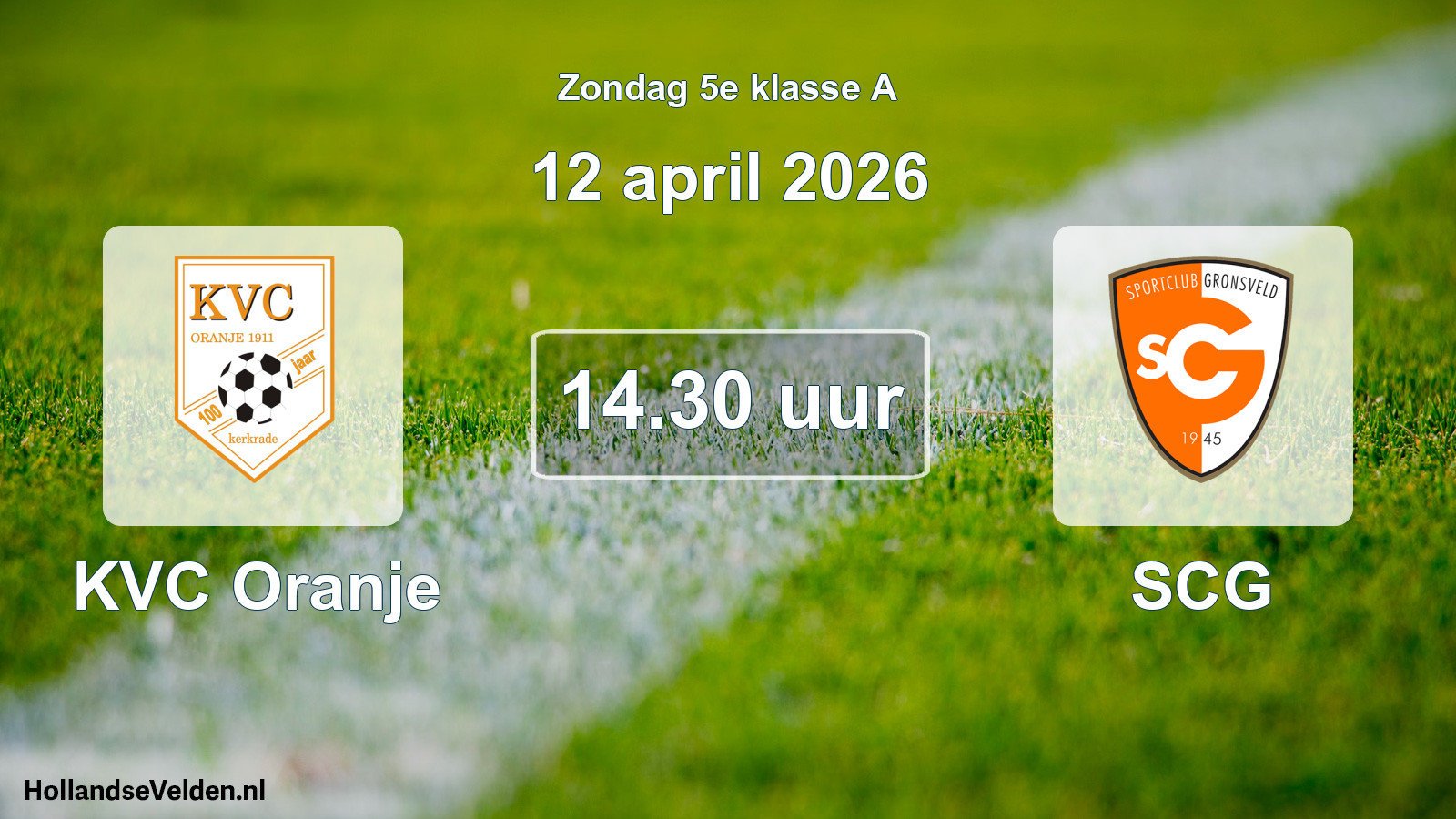 Geplande wedstrijd: KVC Oranje - SCG (12 april 2026)