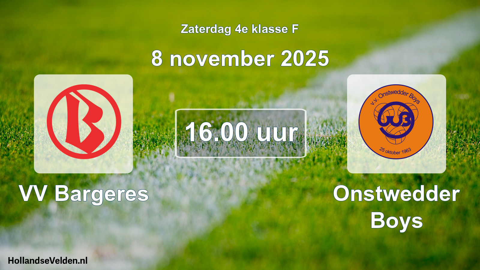 Geplande wedstrijd: VV Bargeres - Onstwedder Boys (8 november 2025)