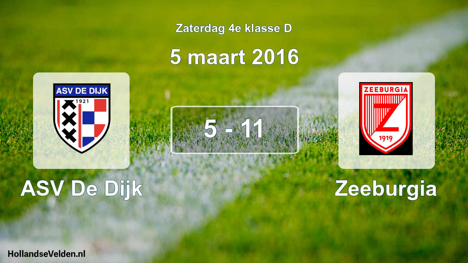 Total number of matches played: ASV De Dijk - Zeeburgia 5 - 11 (5 March 2016)