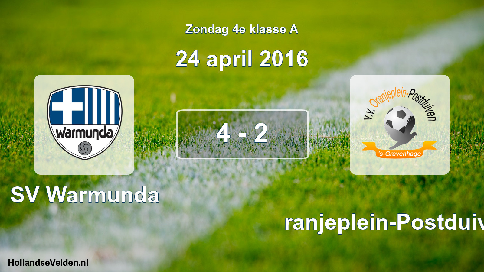 Total number of matches played: SV Warmunda - Oranjeplein-Postduiven 4 - 2 (24 April 2016)