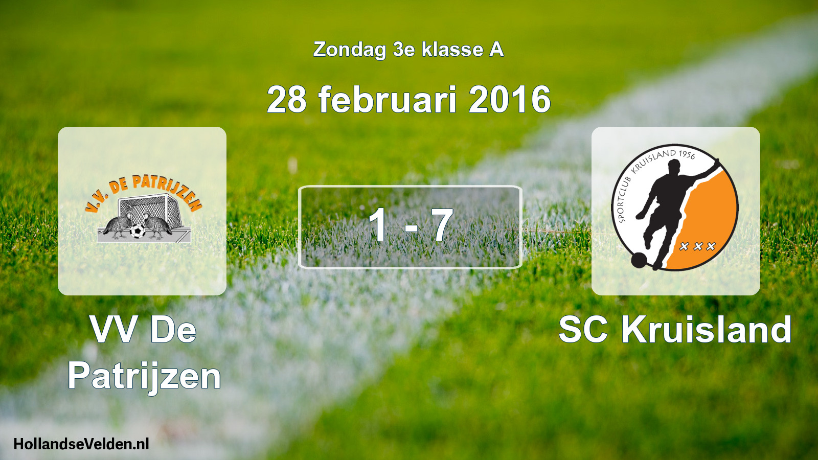 Total number of matches played: VV De Patrijzen - SC Kruisland 1 - 7 (28 February 2016)