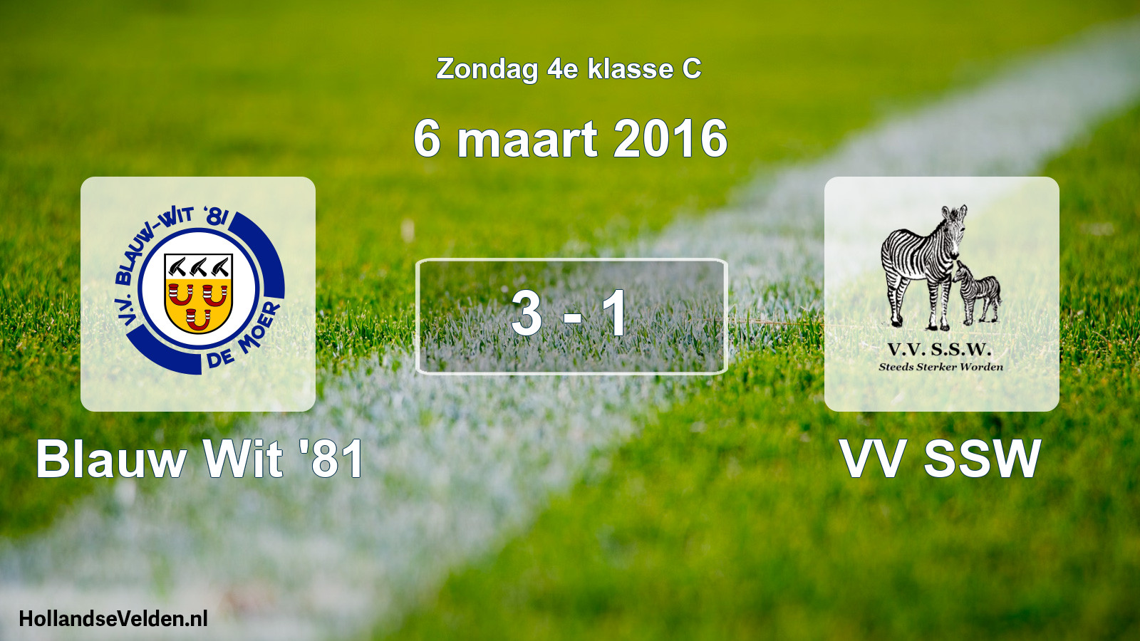 Total number of matches played: Blauw Wit '81 - VV SSW 3 - 1 (6 March 2016)