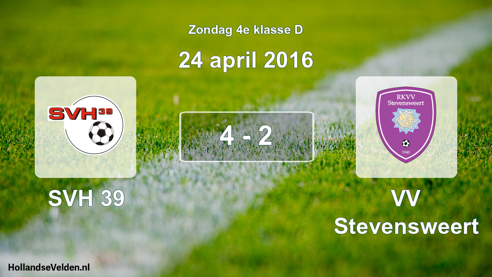 Total number of matches played: SVH 39 - VV Stevensweert 4 - 2 (24 April 2016)
