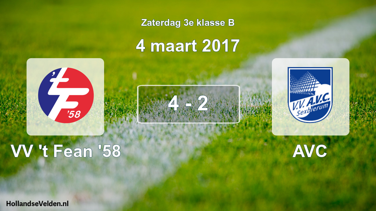 Total number of matches played: VV 't Fean '58 - AVC 4 - 2 (4 March 2017)