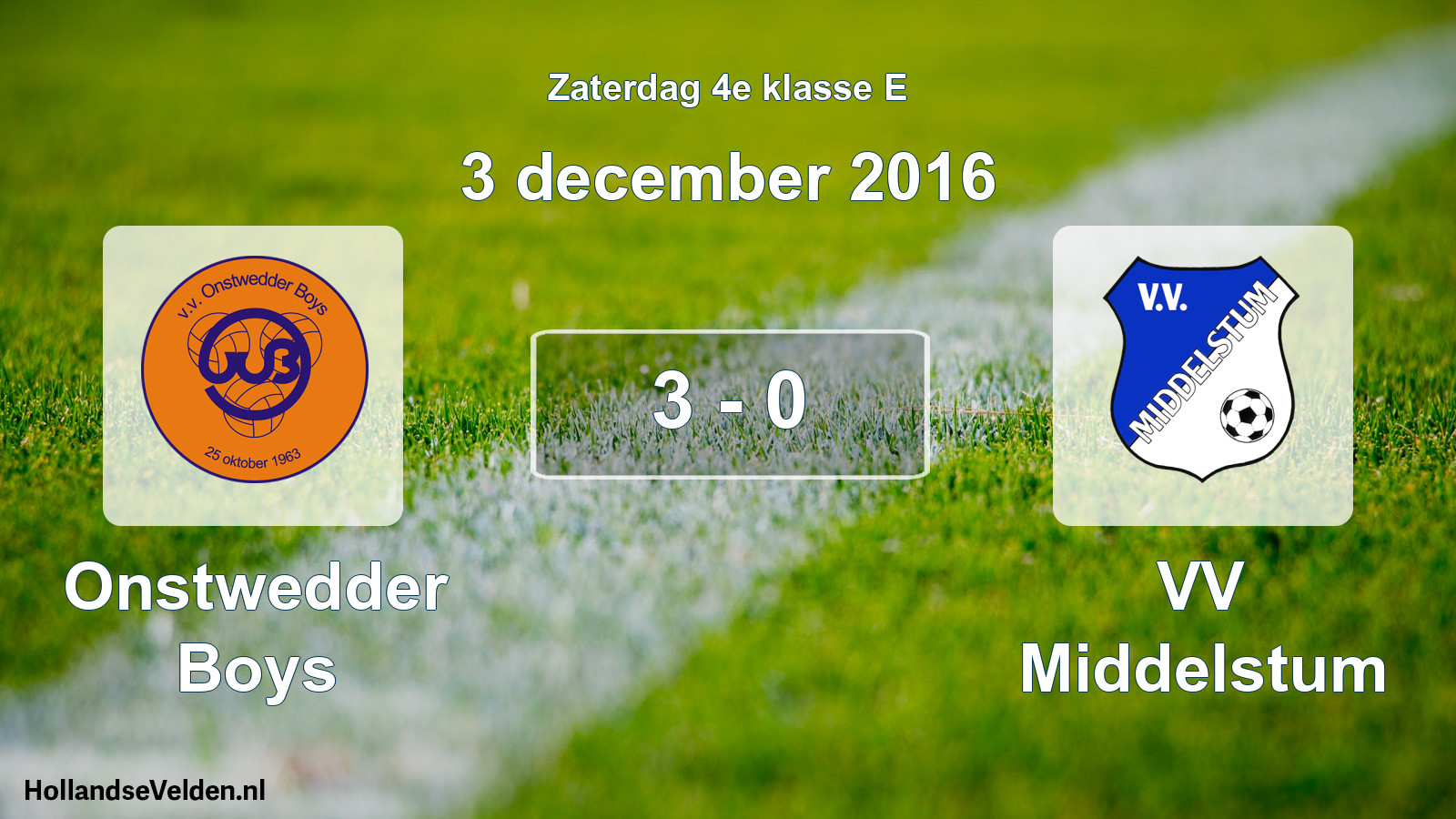Total number of matches played: Onstwedder Boys - VV Middelstum 3 - 0 (3 December 2016)