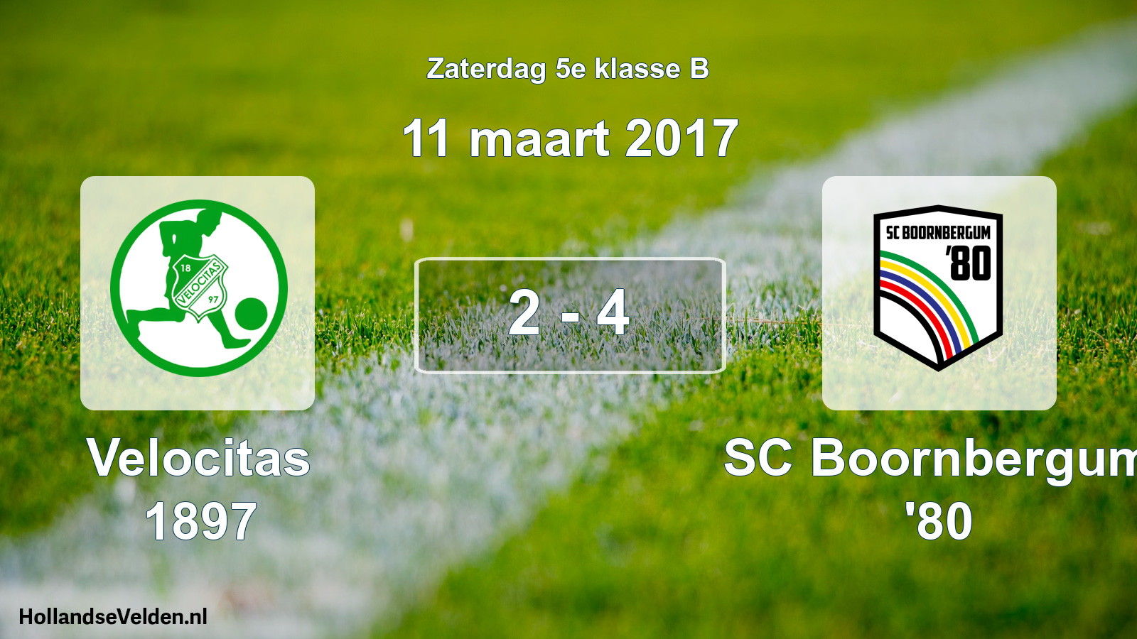 Total number of matches played: Velocitas 1897 - SC Boornbergum '80 2 - 4 (11 March 2017)