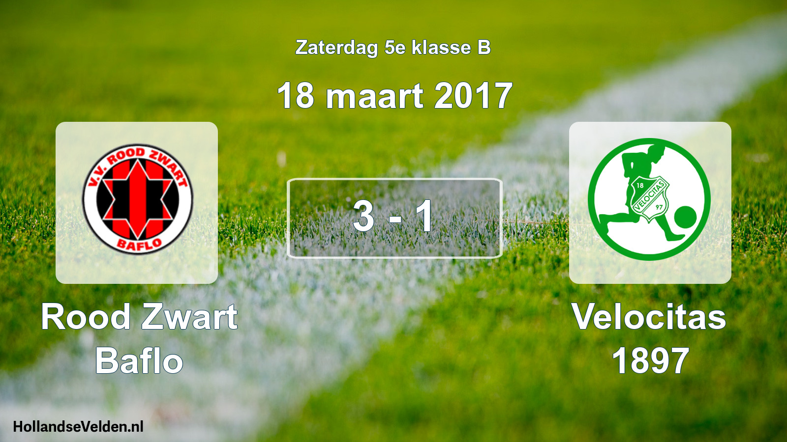 Total number of matches played: Rood Zwart Baflo - Velocitas 1897 3 - 1 (18 March 2017)