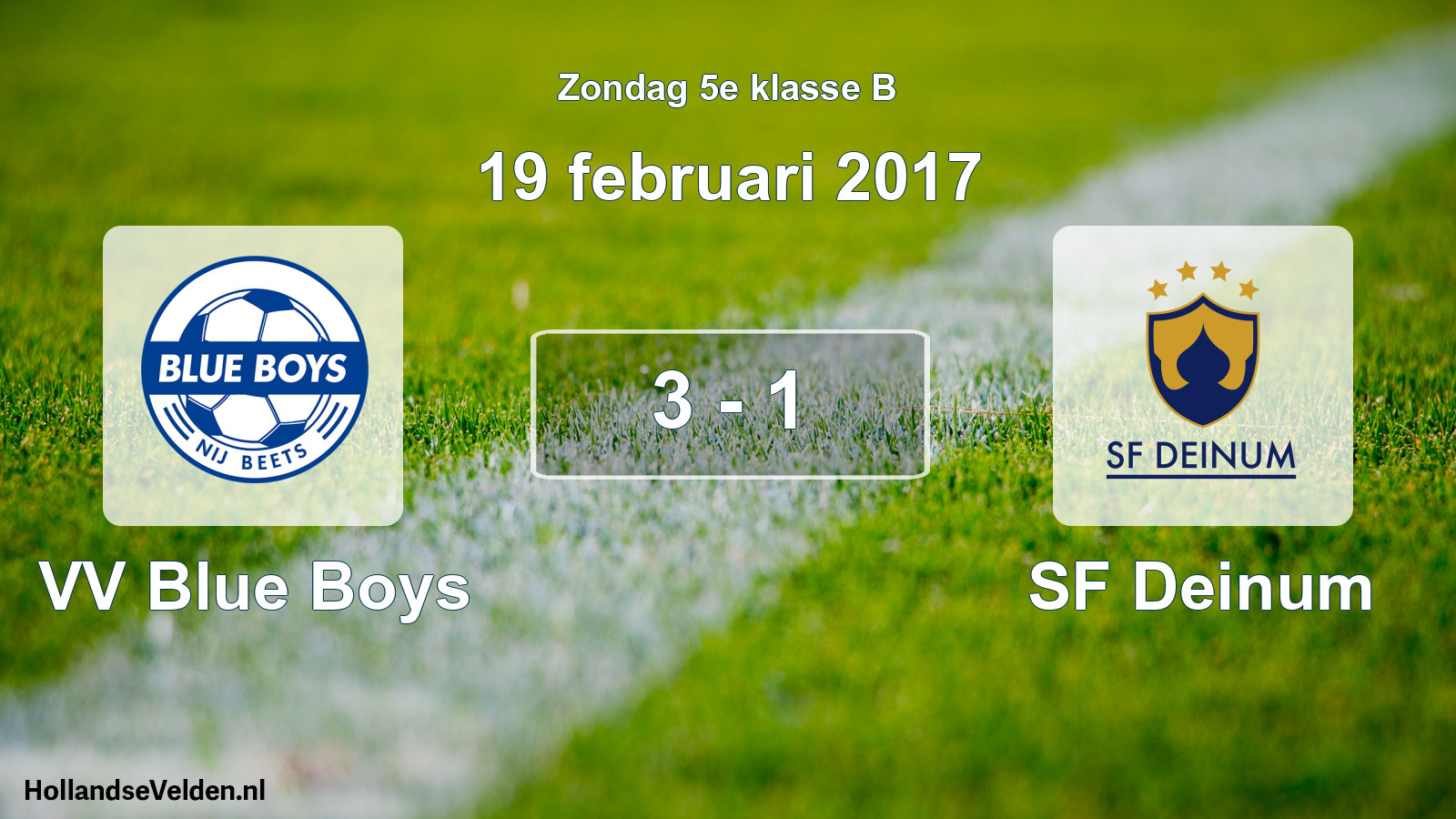 Total number of matches played: VV Blue Boys - SF Deinum 3 - 1 (19 February 2017)