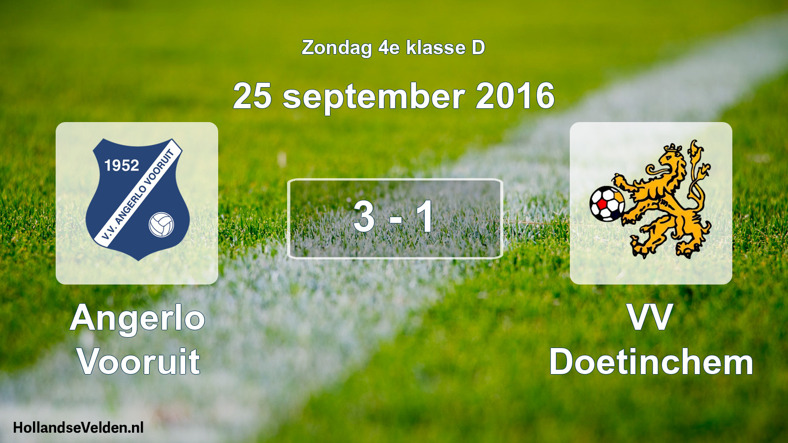 Total number of matches played: Angerlo Vooruit - VV Doetinchem 3 - 1 (25 September 2016)
