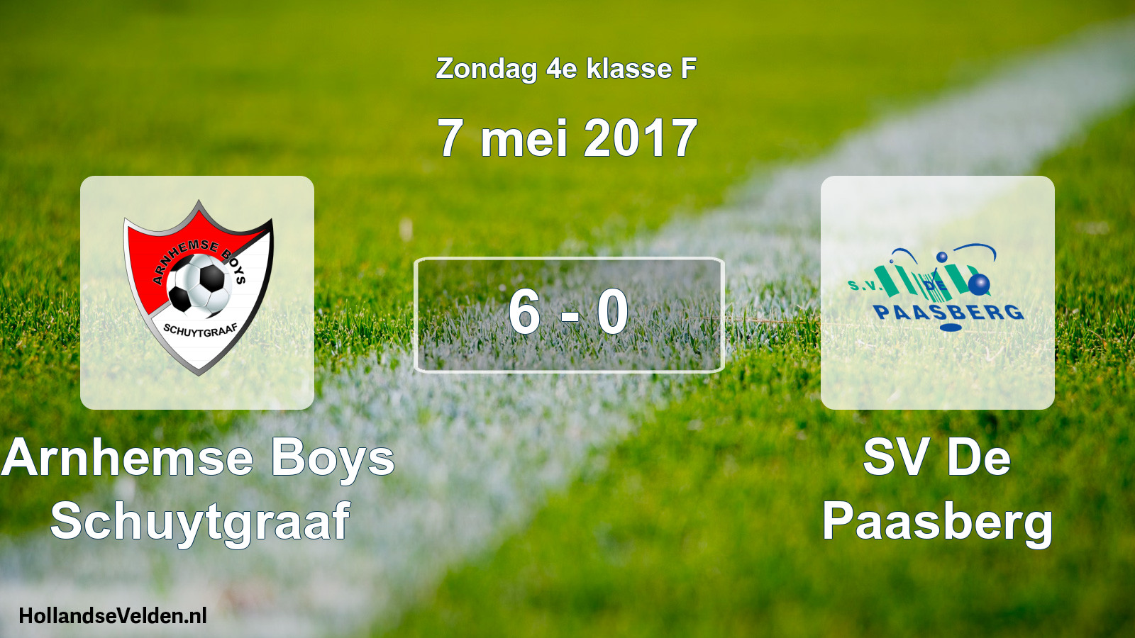 Total number of matches played: Arnhemse Boys Schuytgraaf - SV De Paasberg 6 - 0 (7 May 2017)