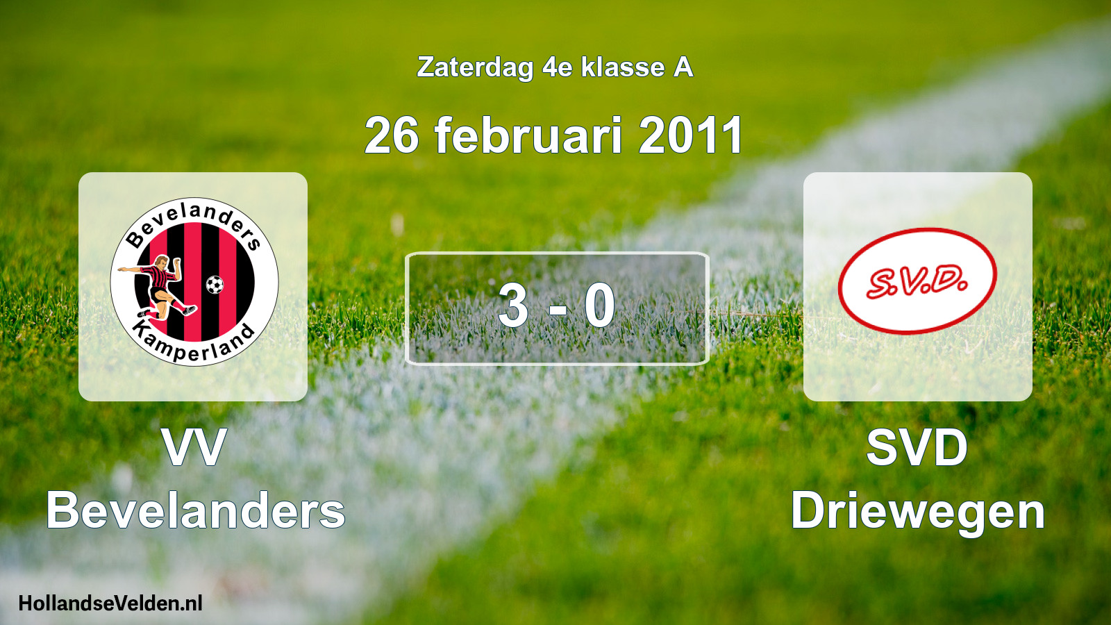 Total number of matches played: VV Bevelanders - SVD Driewegen 3 - 0 (26 February 2011)