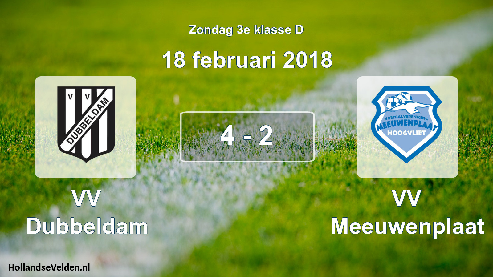 Total number of matches played: VV Dubbeldam - VV Meeuwenplaat 4 - 2 (18 February 2018)