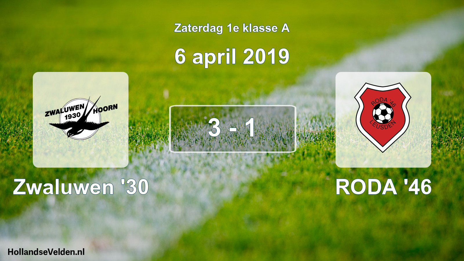 Total number of matches played: Zwaluwen '30 - RODA '46 3 - 1 (6 April 2019)