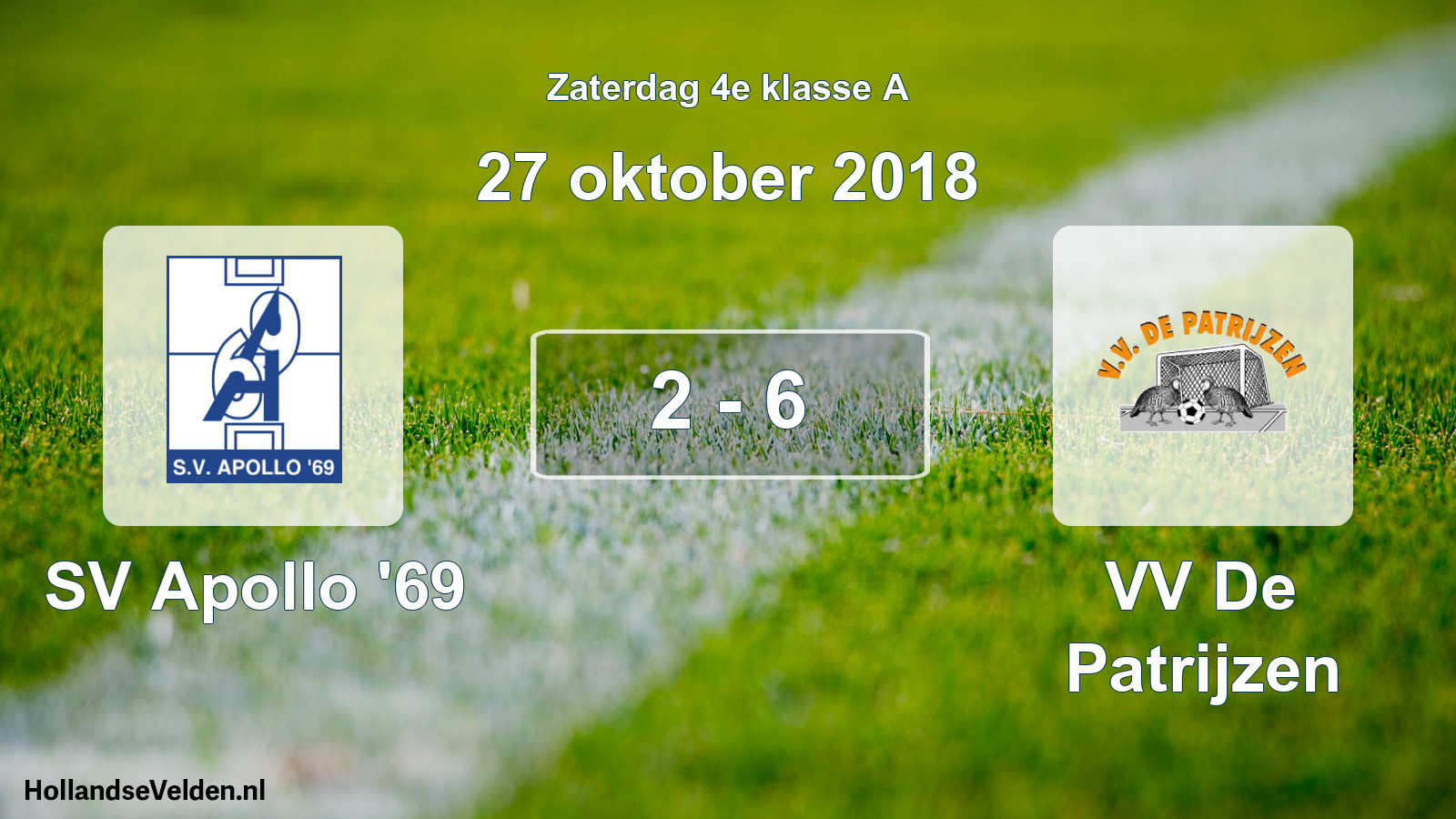 Total number of matches played: SV Apollo '69 - VV De Patrijzen 2 - 6 (27 October 2018)