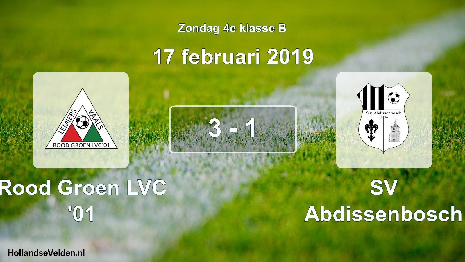 Total number of matches played: Rood Groen LVC '01 - SV Abdissenbosch 3 - 1 (17 February 2019)
