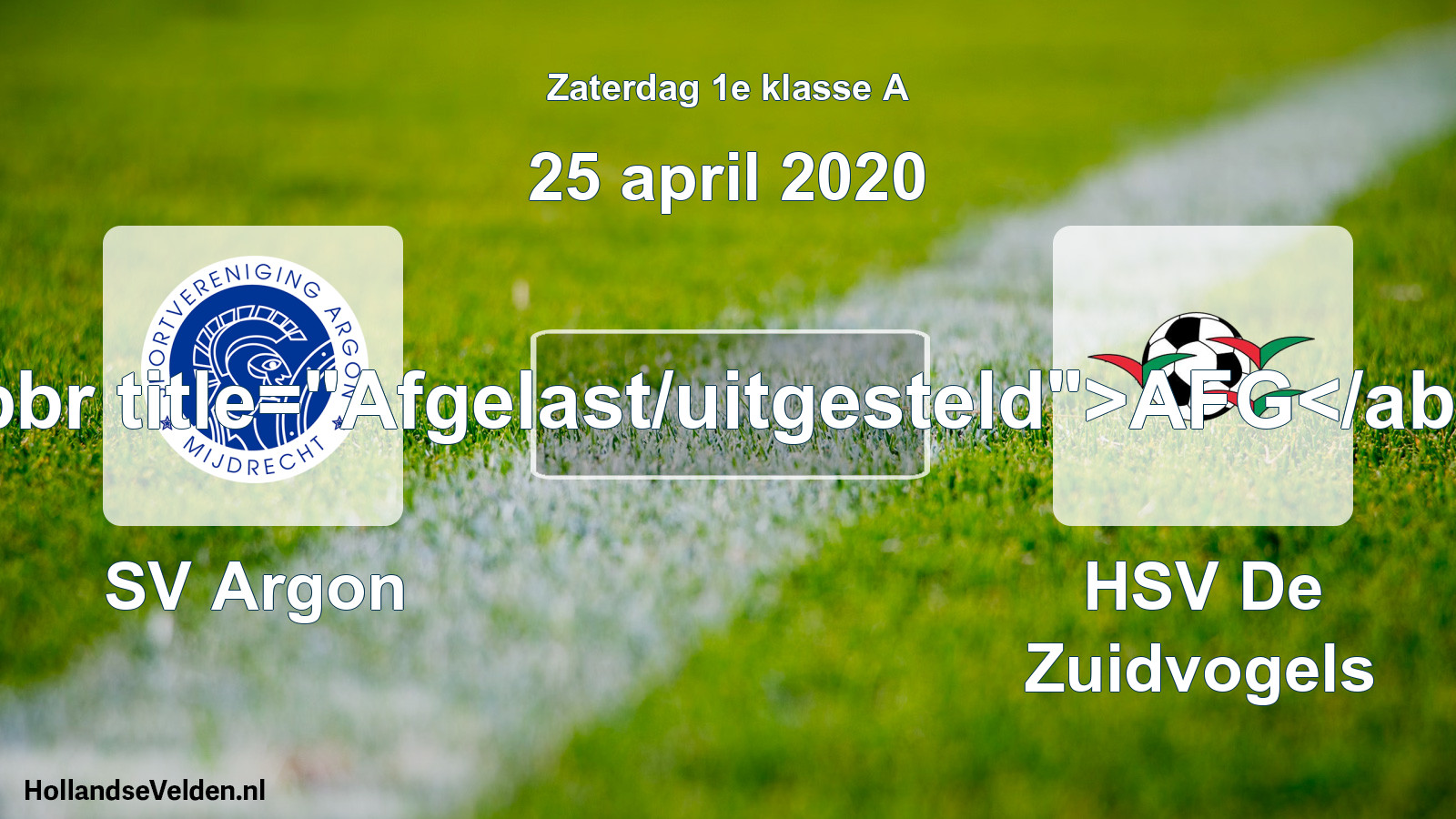Scheduled Match: SV Argon - HSV De Zuidvogels (25 April 2020)