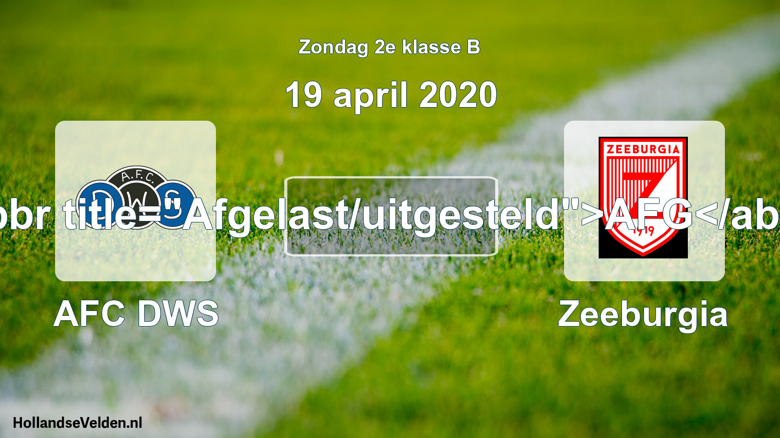 Scheduled Match: AFC DWS - Zeeburgia (19 April 2020)