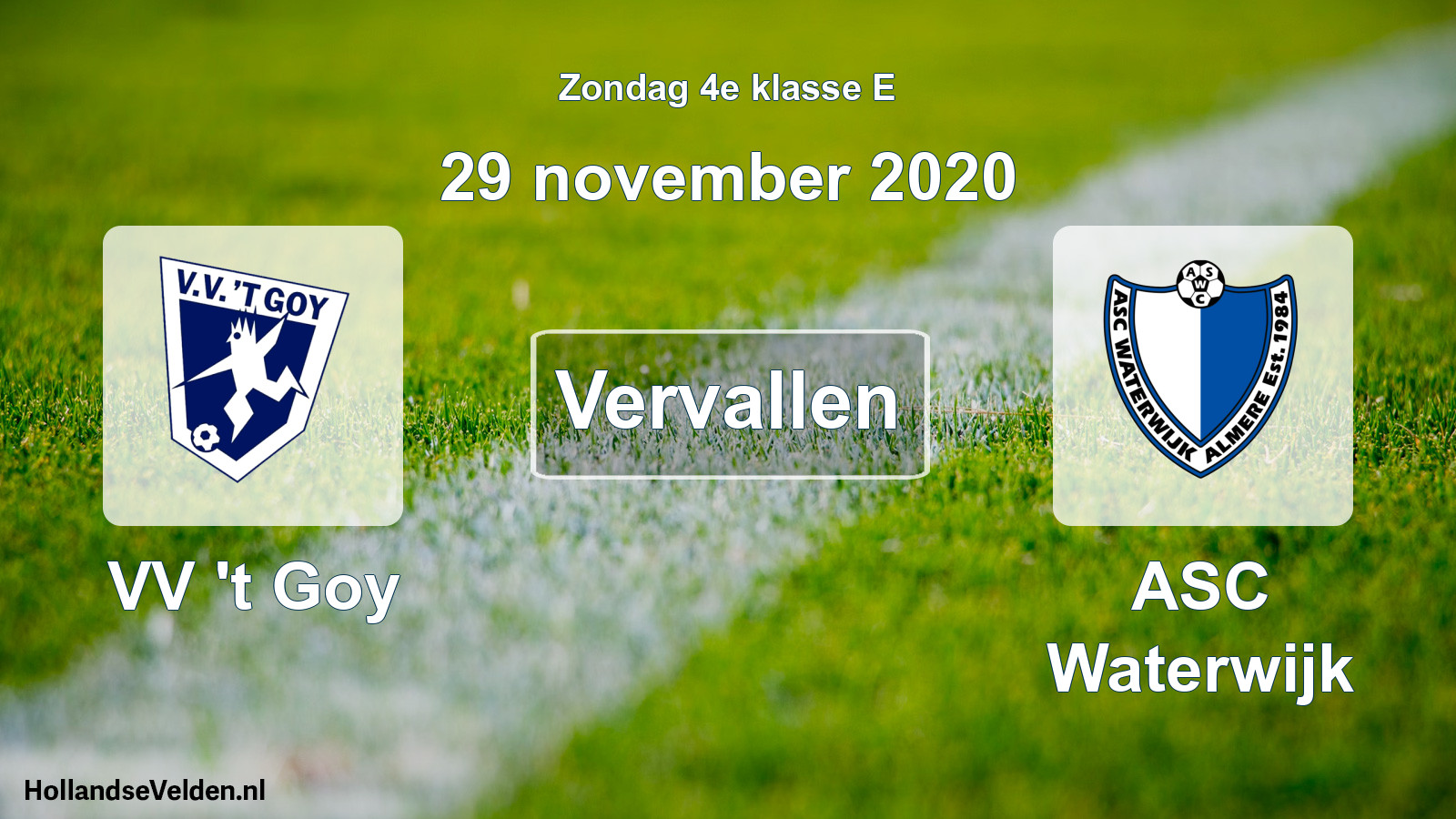 Scheduled Match: VV 't Goy - ASC Waterwijk (29 November 2020)
