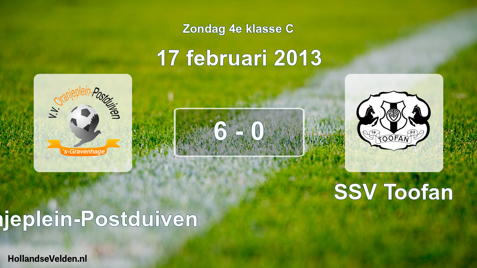 Total number of matches played: Oranjeplein-Postduiven - SSV Toofan 6 - 0 (17 February 2013)