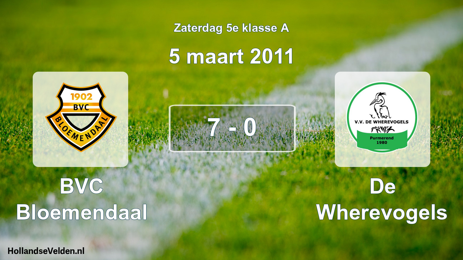 Gespeelde wedstrijd: BVC Bloemendaal - De Wherevogels 7 - 0 (5 maart 2011)