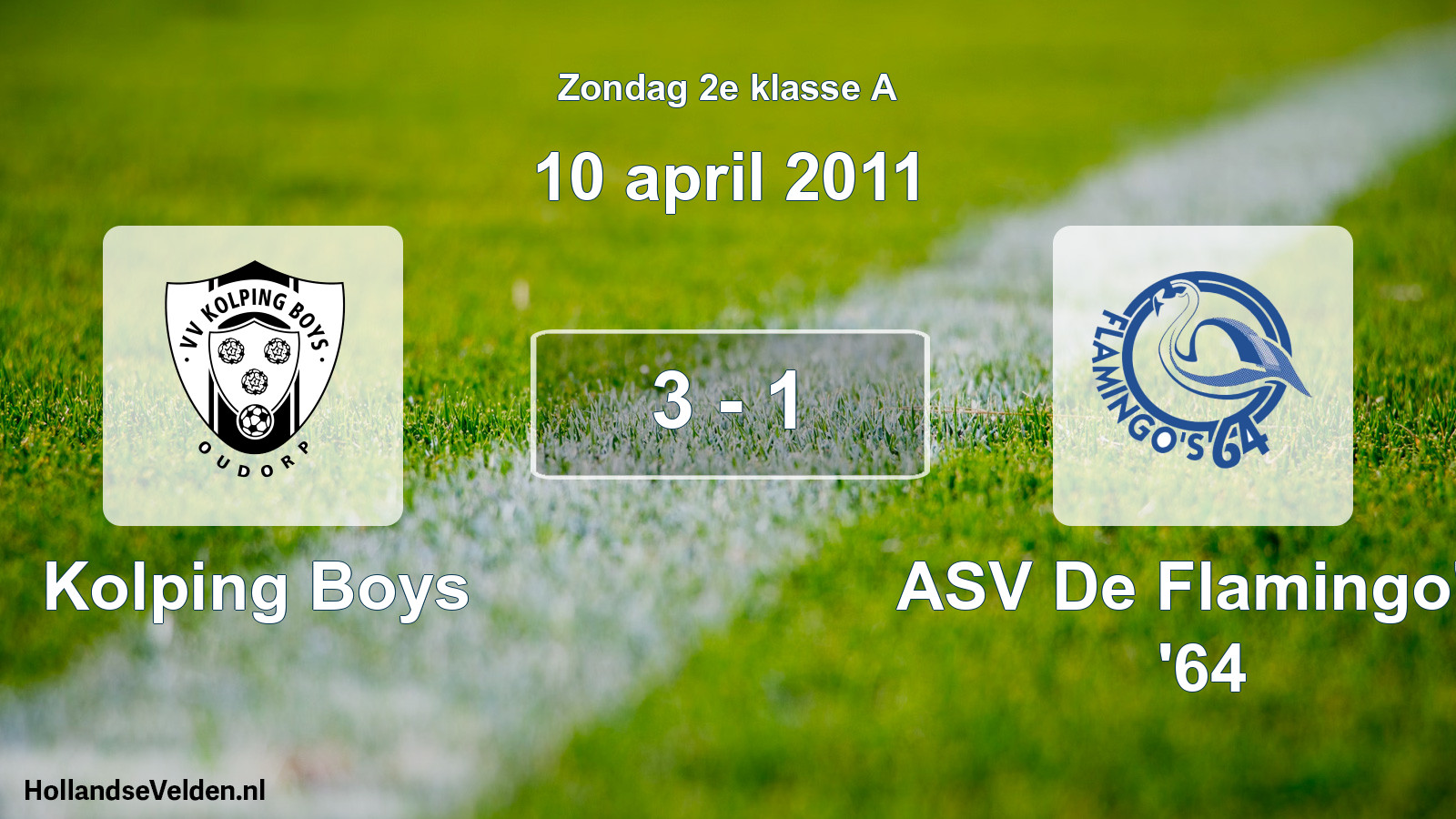 Total number of matches played: Kolping Boys - ASV De Flamingo's '64 3 - 1 (10 April 2011)