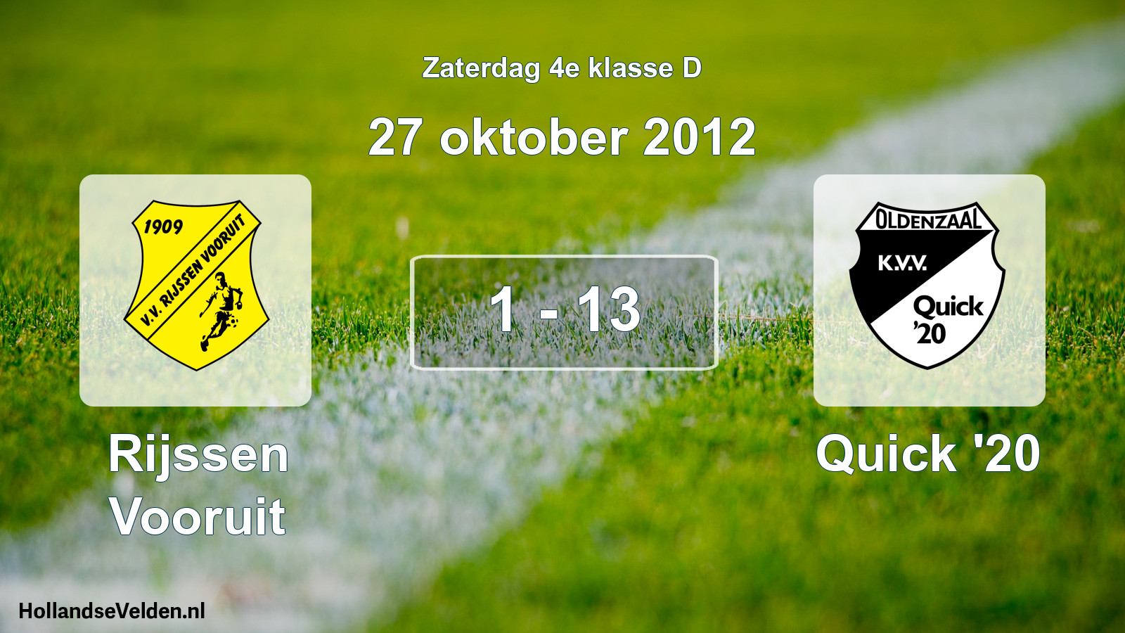Total number of matches played: Rijssen Vooruit - Quick '20 1 - 13 (27 October 2012)