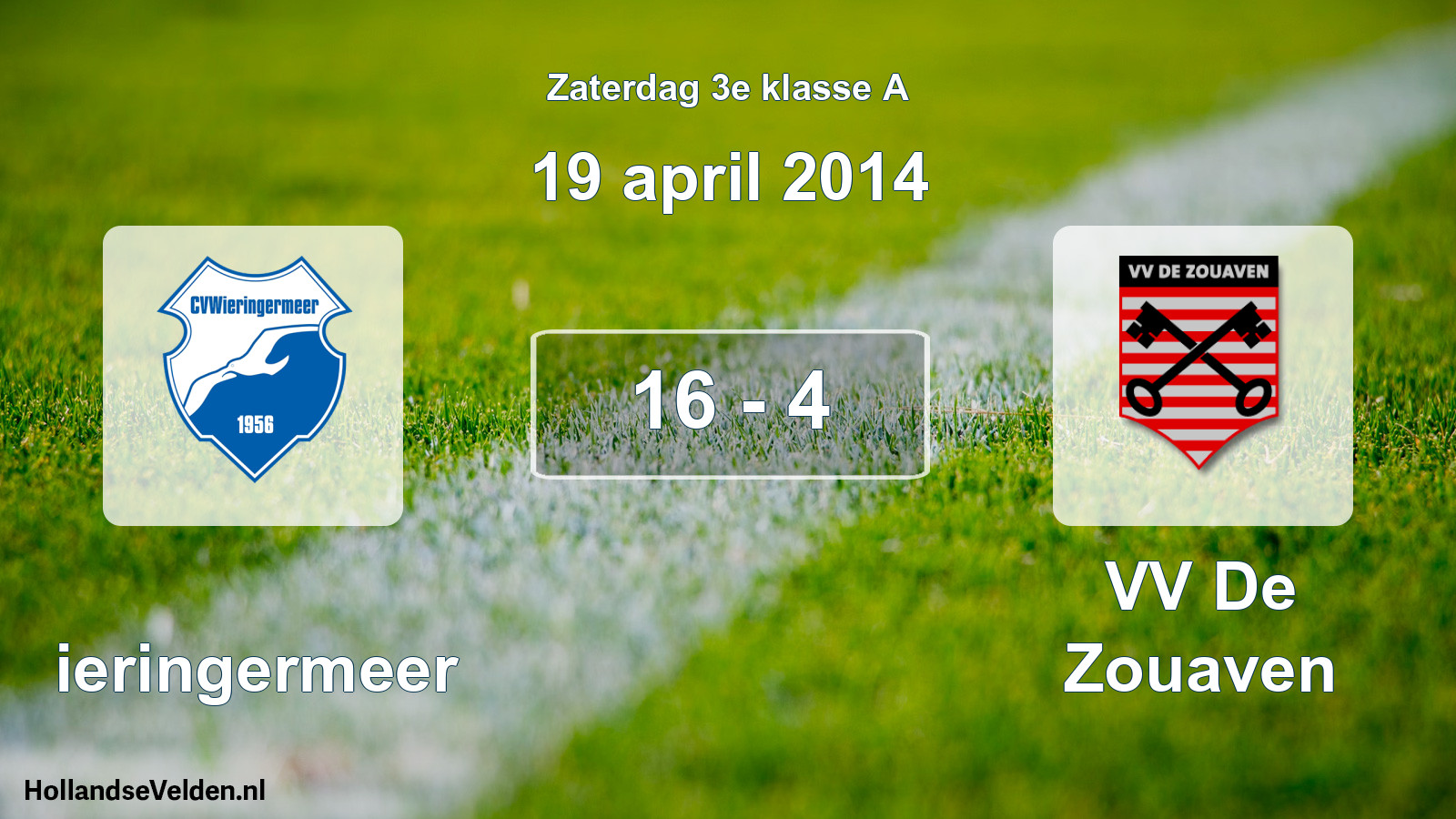 Total number of matches played: Wieringermeer - VV De Zouaven 16 - 4 (19 April 2014)